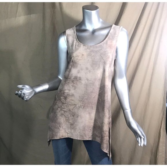 AB Studio Women's Small Sleeveless Tunic Tan Top Blouse Asymmetrical Scoop Soft - Picture 2 of 15